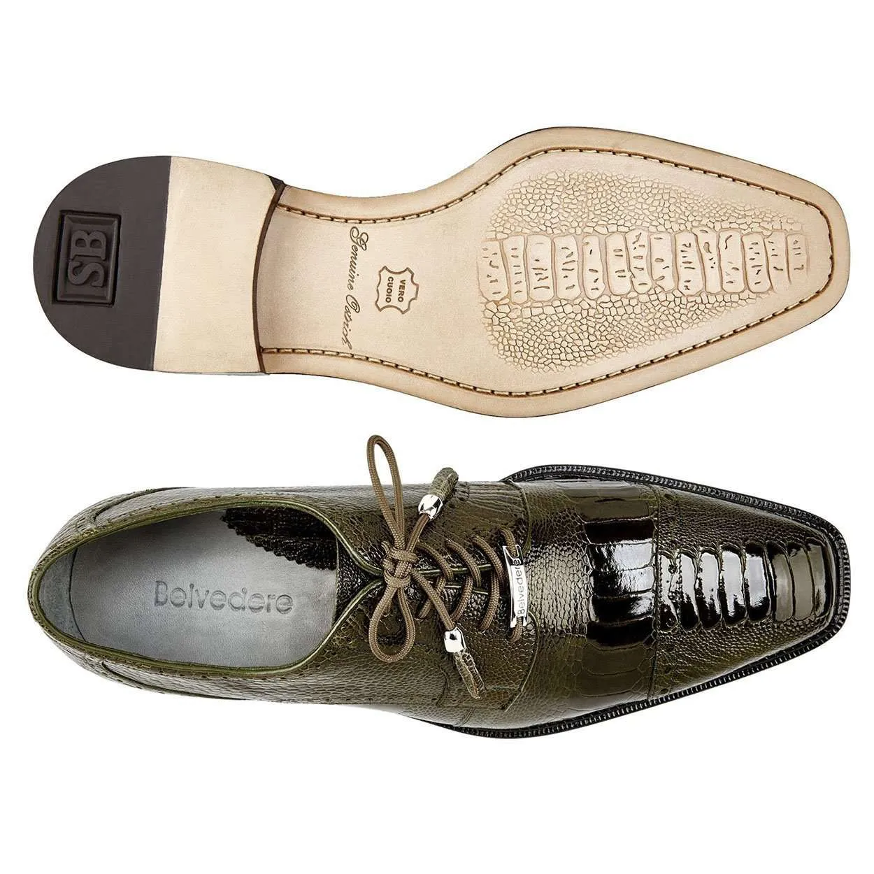 Belvedere Men's Batta Shoes Olive Genuine Ostrich Oxfords 14006 (BV2512)