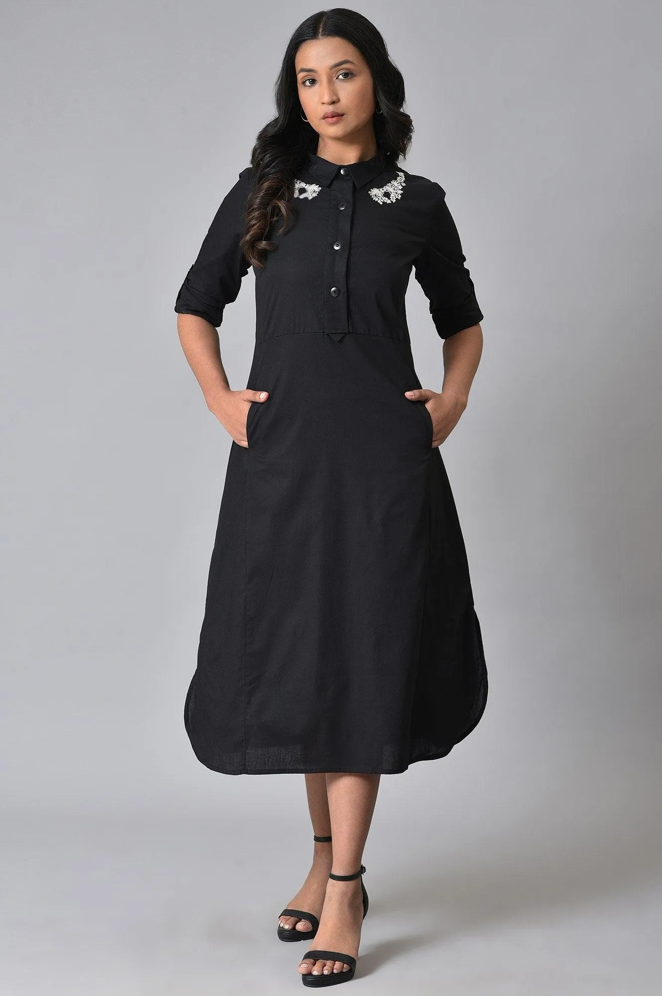 Black Cotton Embroidered Plus Size Shirt Dress
