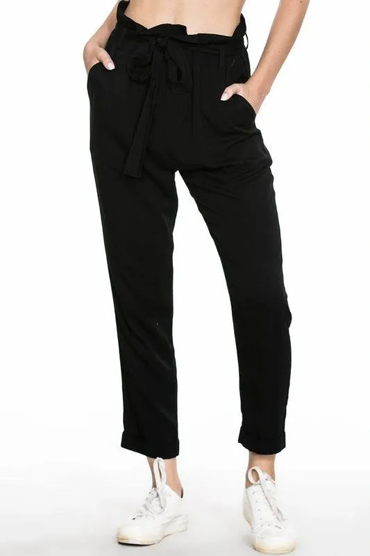 Black High Waisted Paper Bag Pants