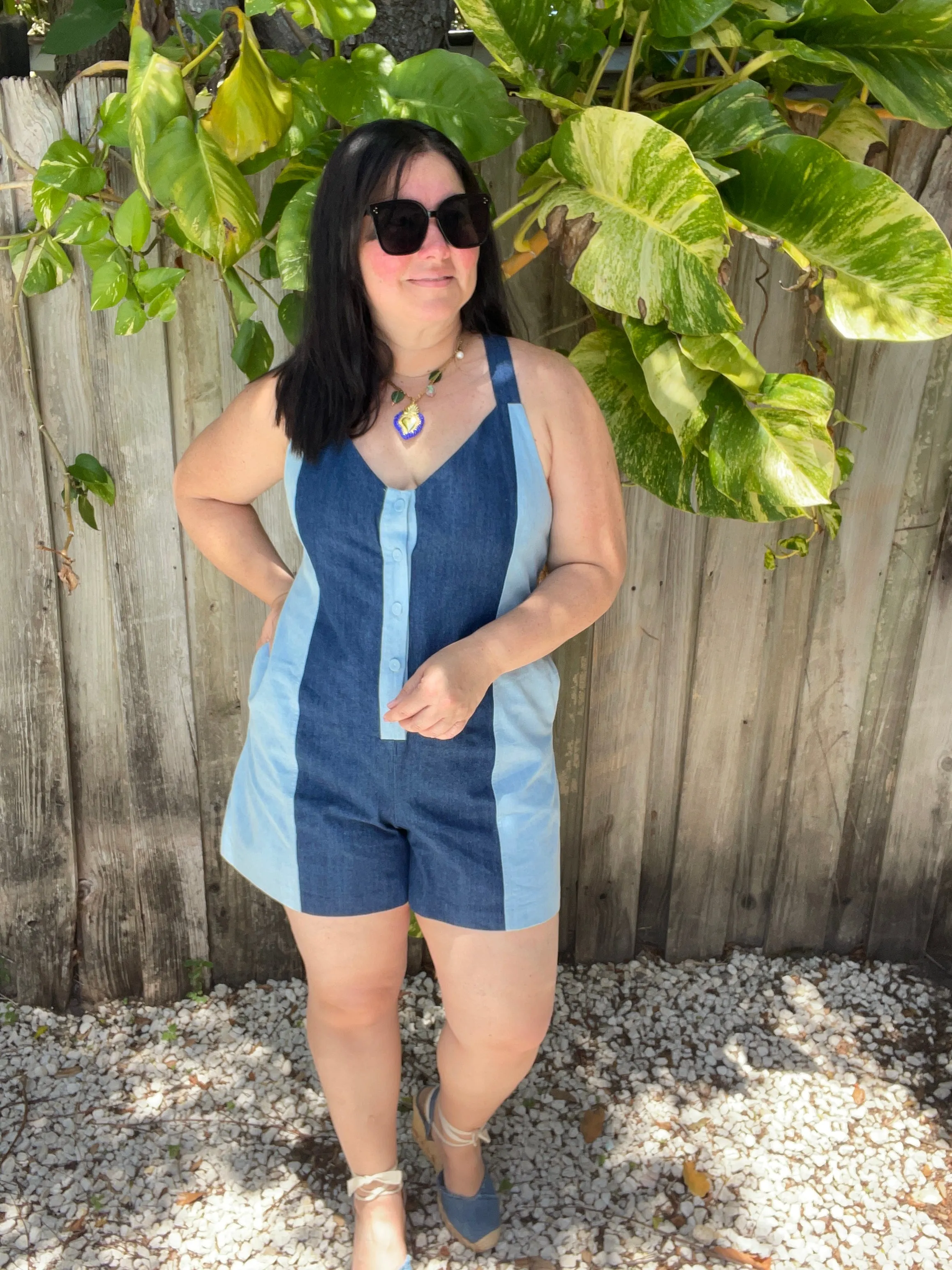 Denim Color Block Romper