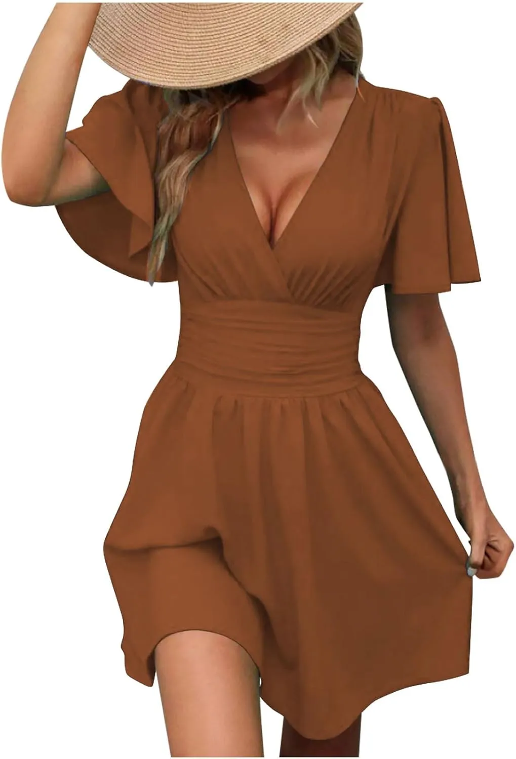 Dresses for Women 2025 Elegant Classy Ruffle A Line Summer Dresses Deep V Neck Sexy Dresses Short Sleeve Mini Dress