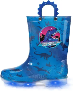 EUXTERPA Toddler Kids Waterproof Light Up Rain Boots Patterns and Glitter Boots with Handles for Boys, Roar Dinosaur, Big Kid Size 1