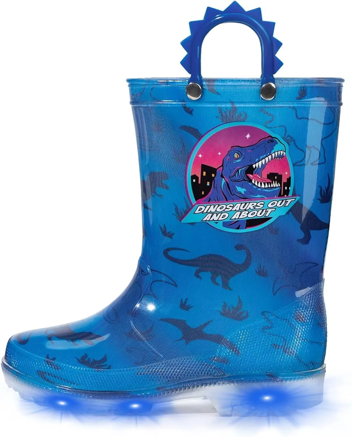 EUXTERPA Toddler Kids Waterproof Light Up Rain Boots Patterns and Glitter Boots with Handles for Boys, Roar Dinosaur, Big Kid Size 1