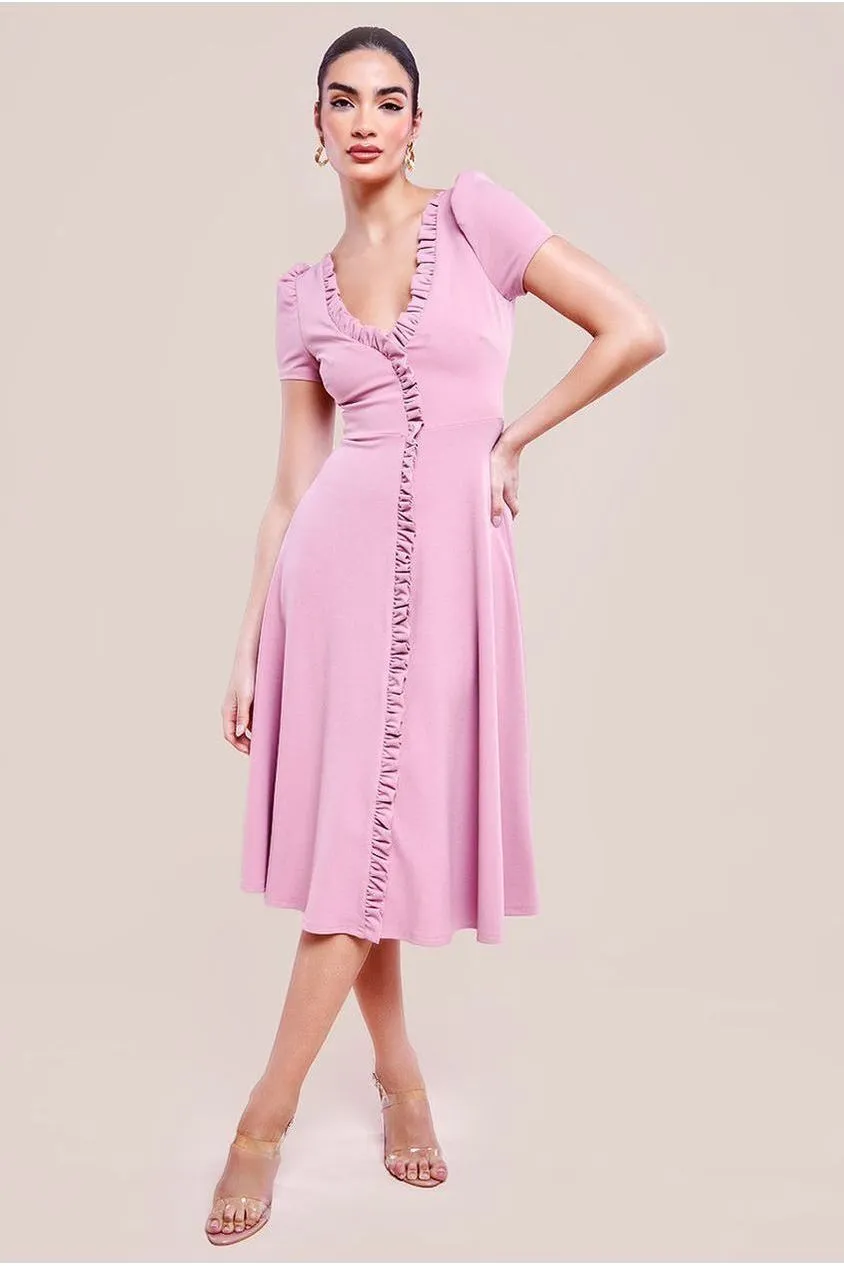 Goddiva Front Frill Flared Scuba Midi Dress - Rose Pink