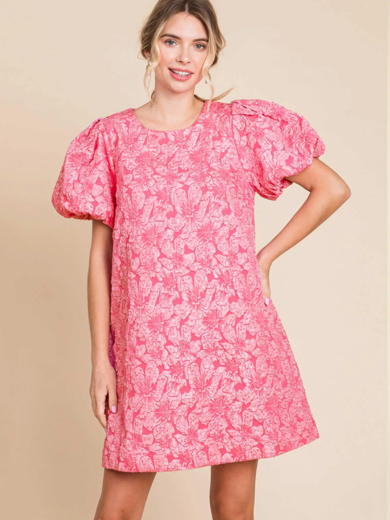 Jacquard Puff Sleeve Mini Dress
