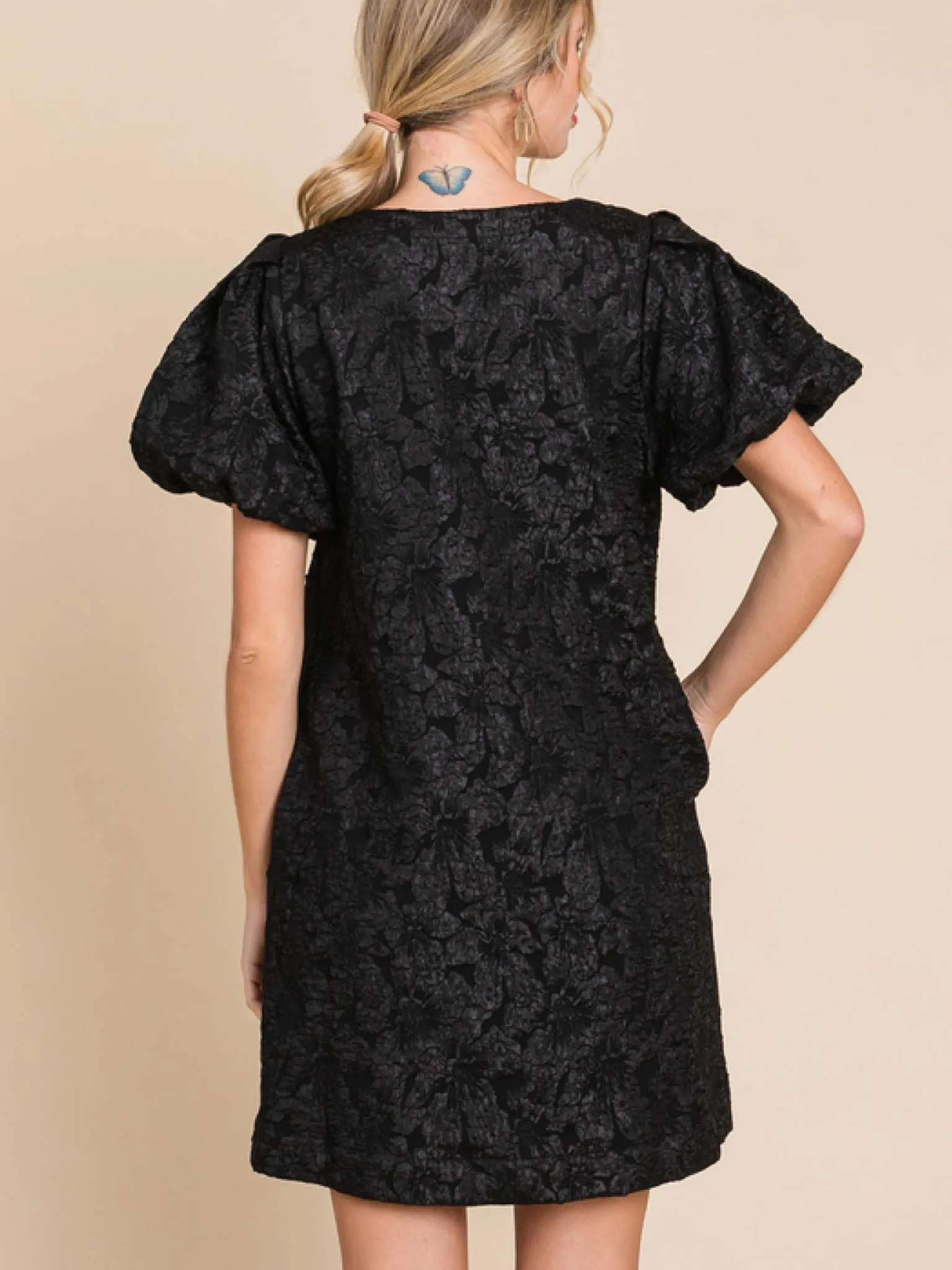 Jacquard Puff Sleeve Mini Dress