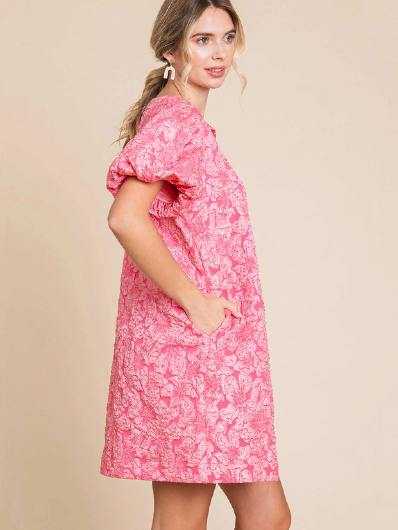 Jacquard Puff Sleeve Mini Dress