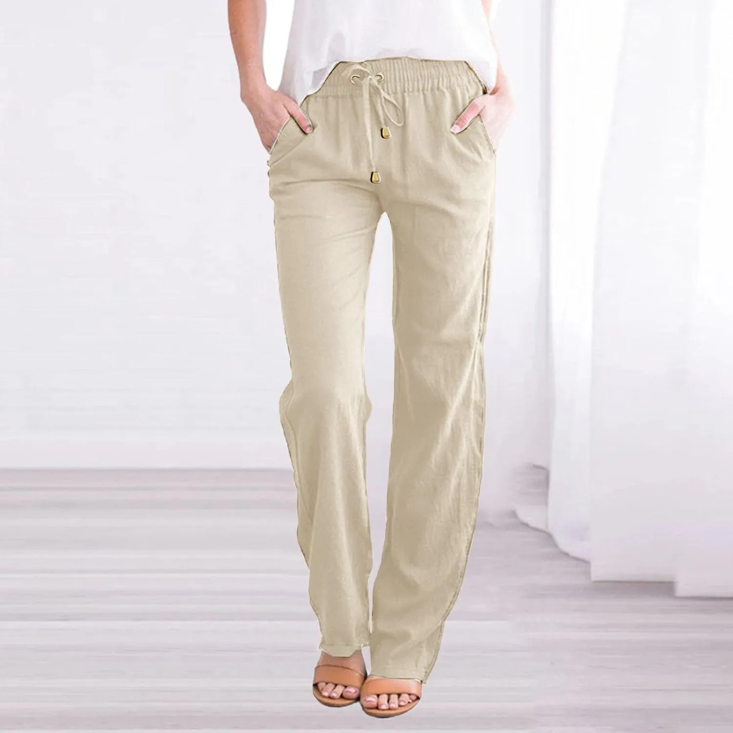 Linen Pants Women Casual Summer Beach Breathable Trousers Cotton Linen Drawstring Elastic Waist Tapered Pants with Pockets