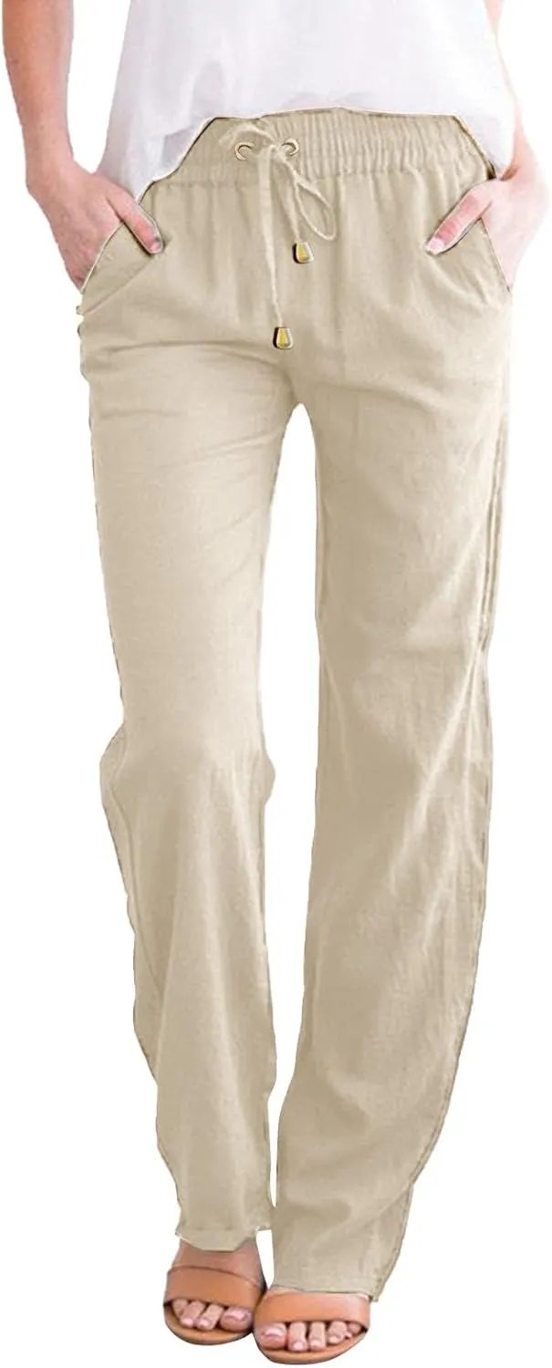 Linen Pants Women Casual Summer Beach Breathable Trousers Cotton Linen Drawstring Elastic Waist Tapered Pants with Pockets