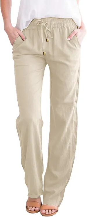 Linen Pants Women Casual Summer Beach Breathable Trousers Cotton Linen Drawstring Elastic Waist Tapered Pants with Pockets