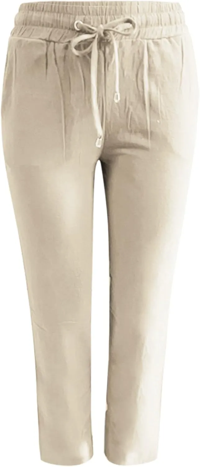 Linen Pants Women Casual Summer Beach Breathable Trousers Cotton Linen Drawstring Elastic Waist Tapered Pants with Pockets