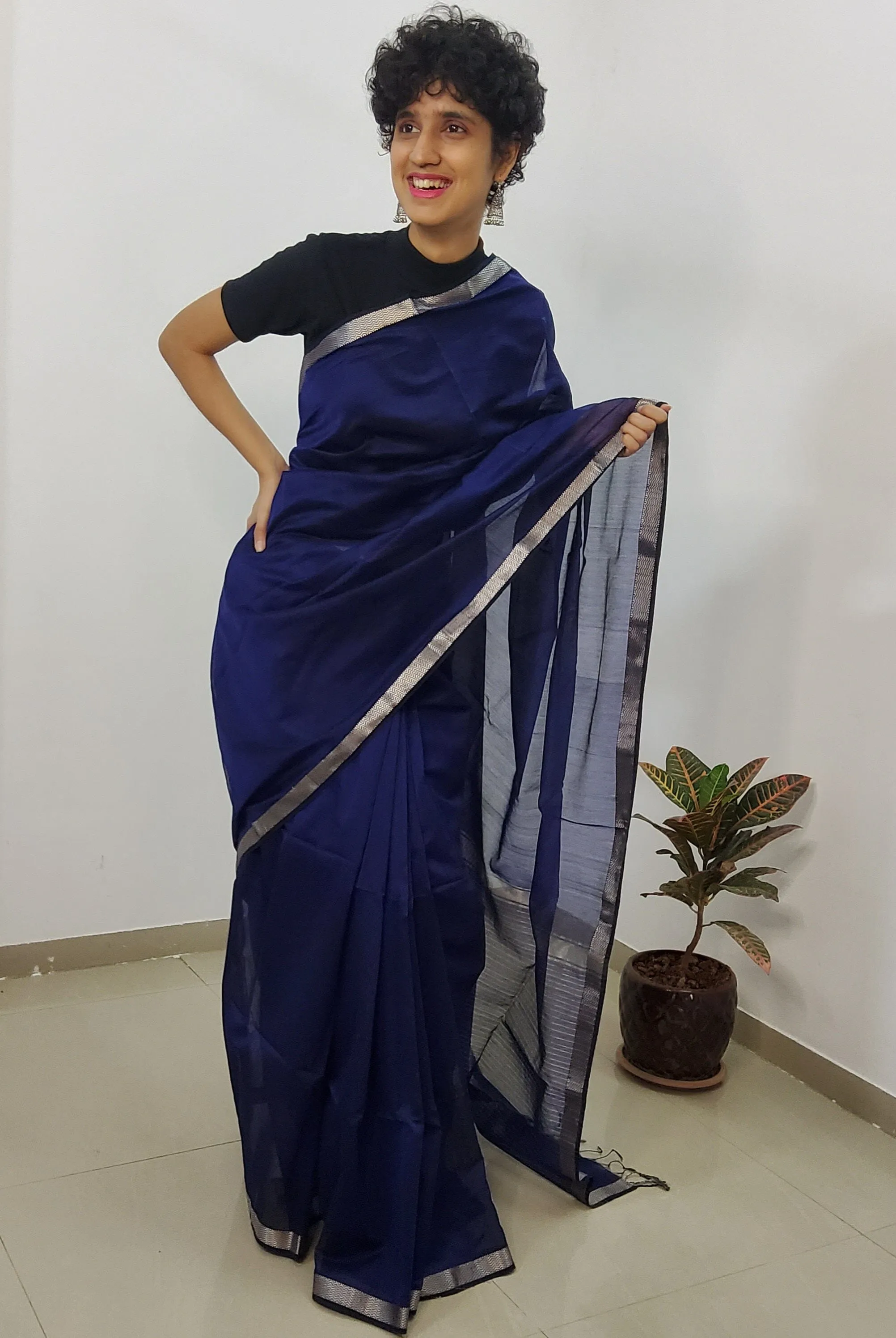 Maheshwari Handloom Silk Cotton Saree with Silver Border