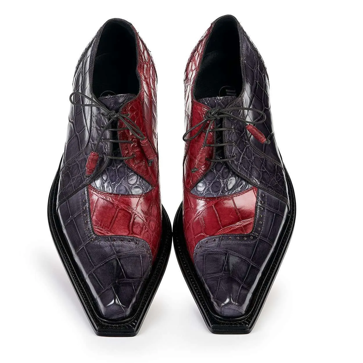 Mauri Designer Shoes Exotic Skin Men's Pino Bordeaux & Medium Grey Alligator Body Oxfords 44268(MA4822)