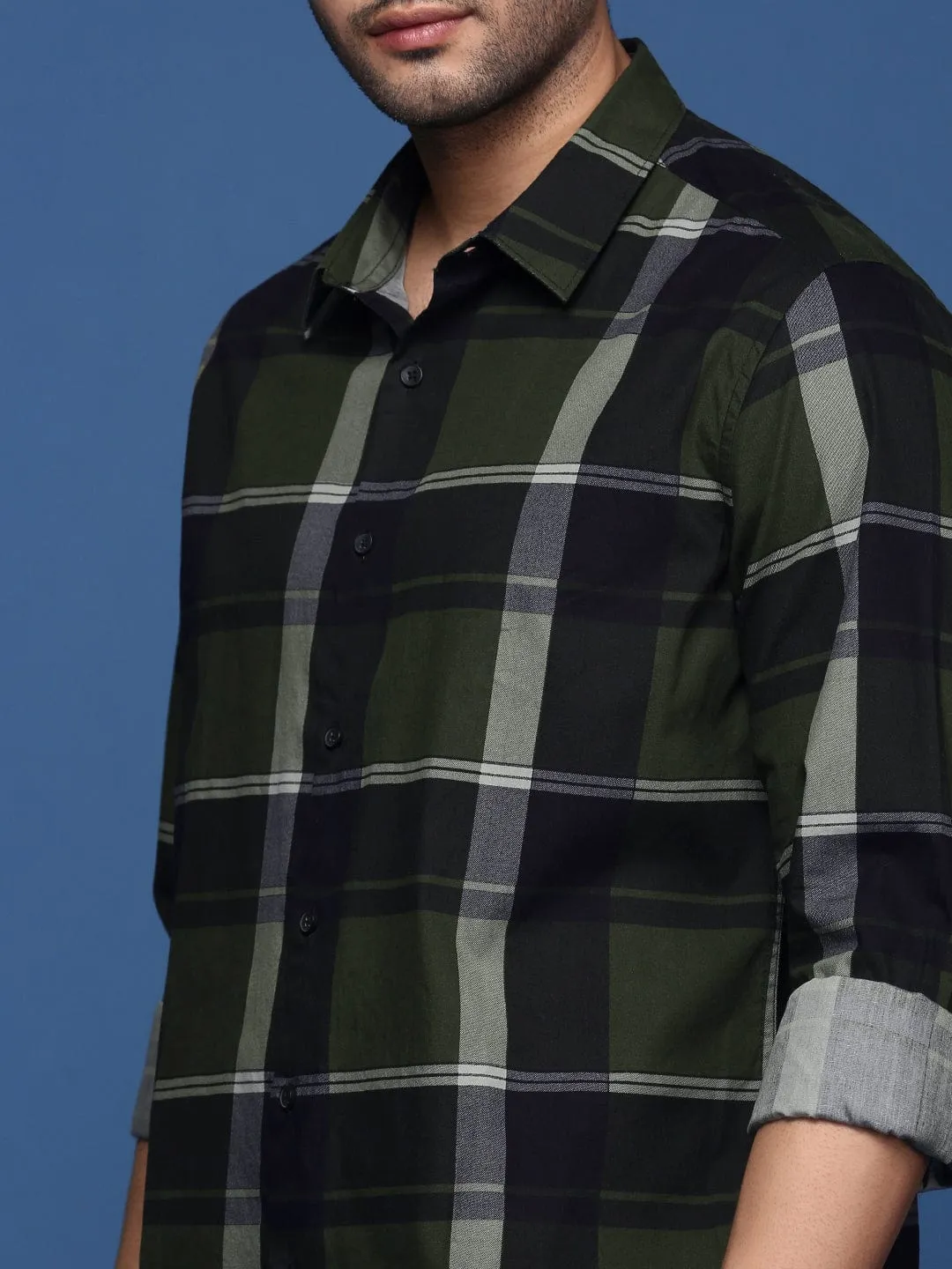 Men Checked Cotton Green Slim Fit Shirt