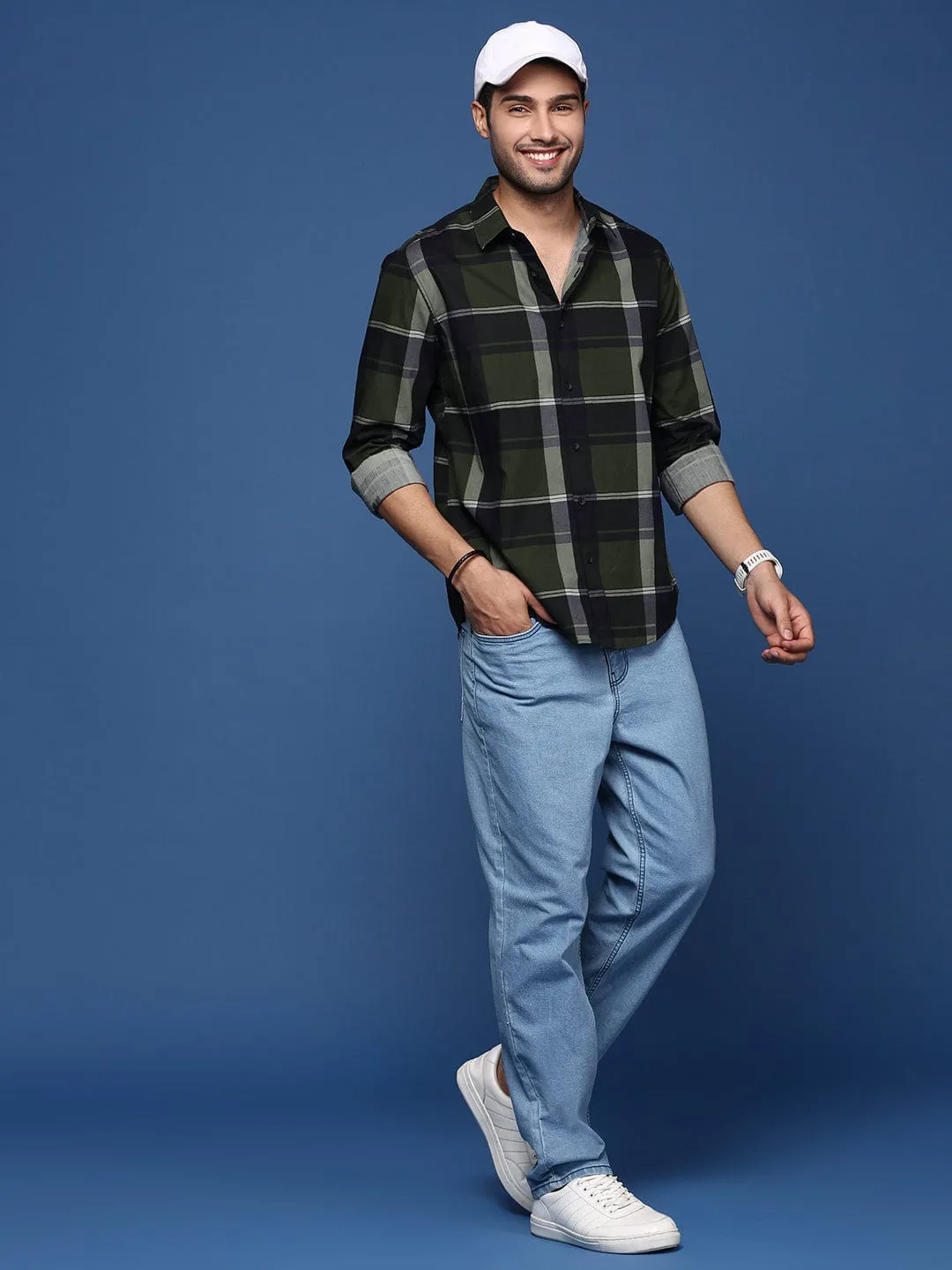 Men Checked Cotton Green Slim Fit Shirt