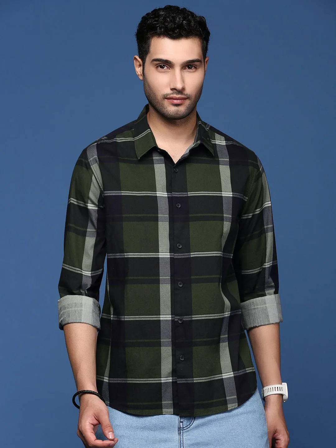 Men Checked Cotton Green Slim Fit Shirt