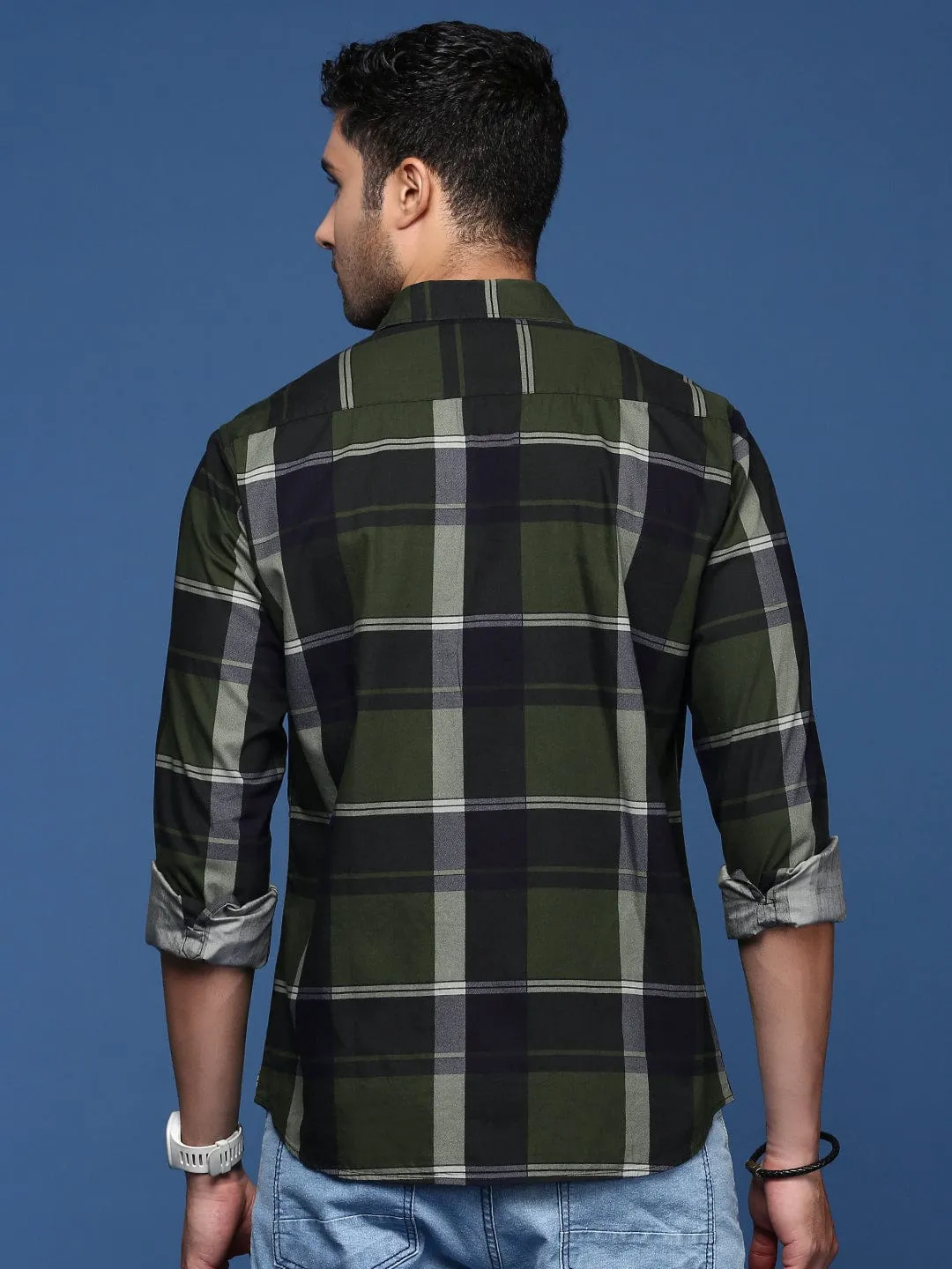 Men Checked Cotton Green Slim Fit Shirt
