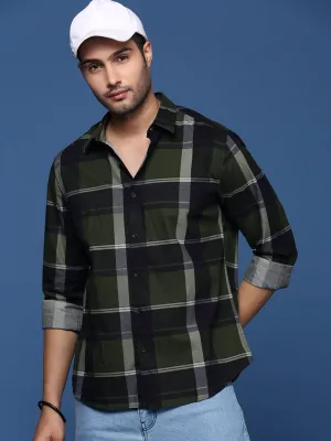 Men Checked Cotton Green Slim Fit Shirt