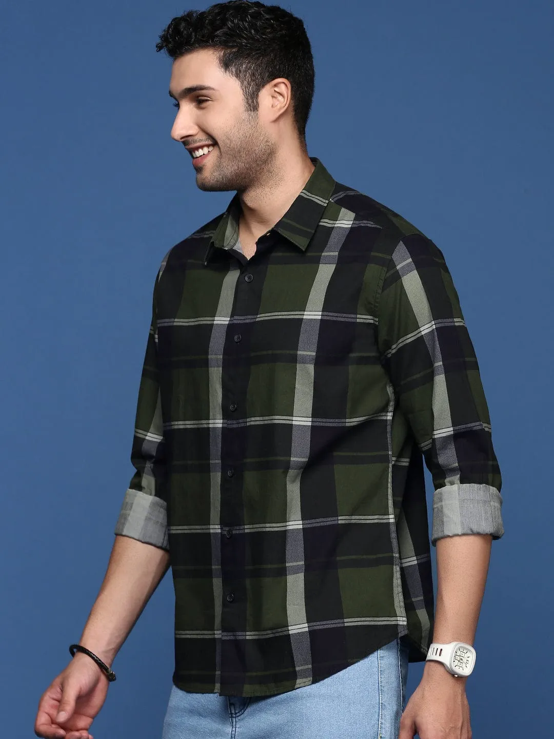 Men Checked Cotton Green Slim Fit Shirt