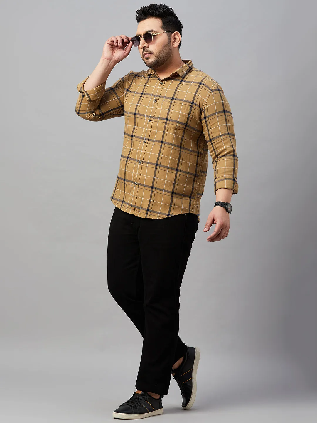 Men Checked Khaki Cotton Shirt