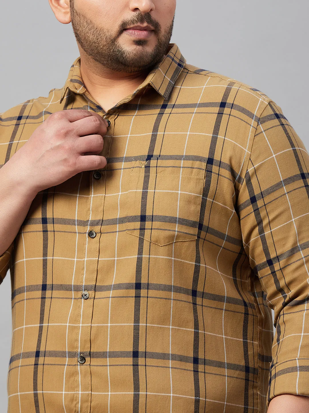 Men Checked Khaki Cotton Shirt
