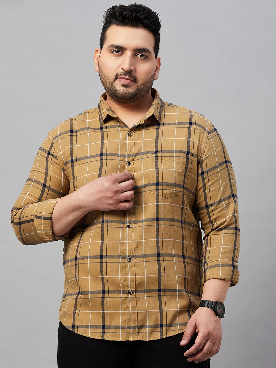 Men Checked Khaki Cotton Shirt