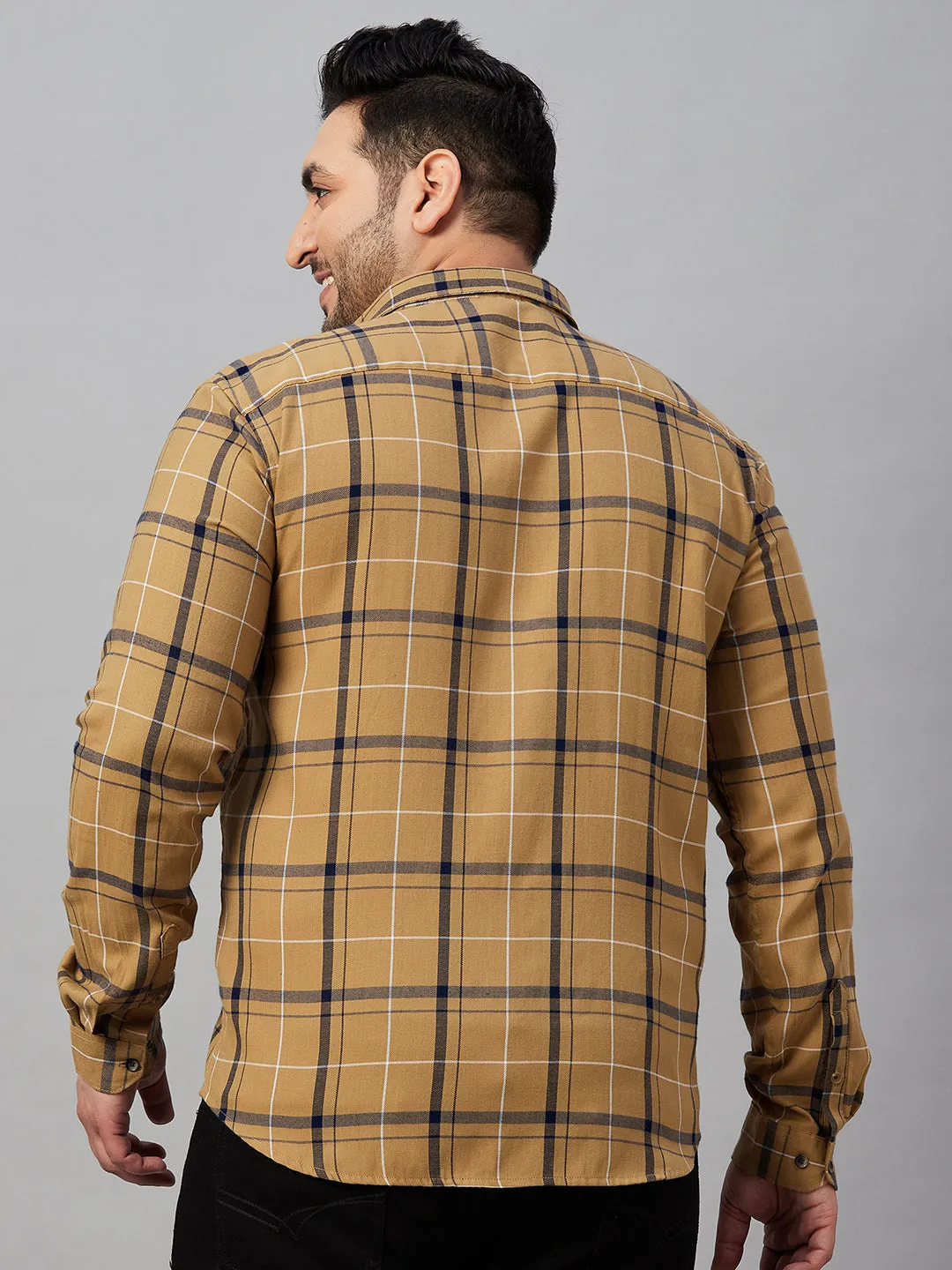 Men Checked Khaki Cotton Shirt