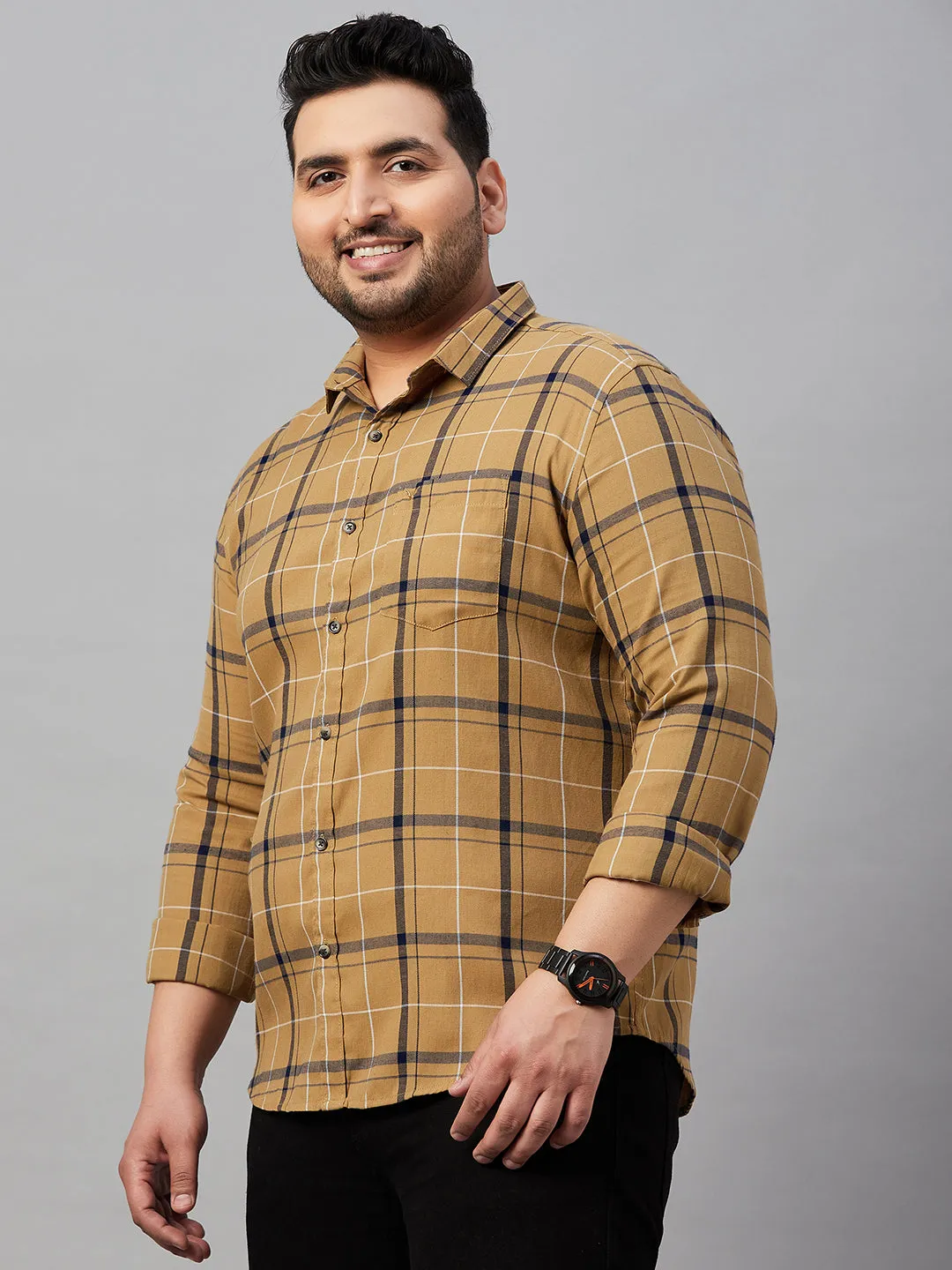 Men Checked Khaki Cotton Shirt