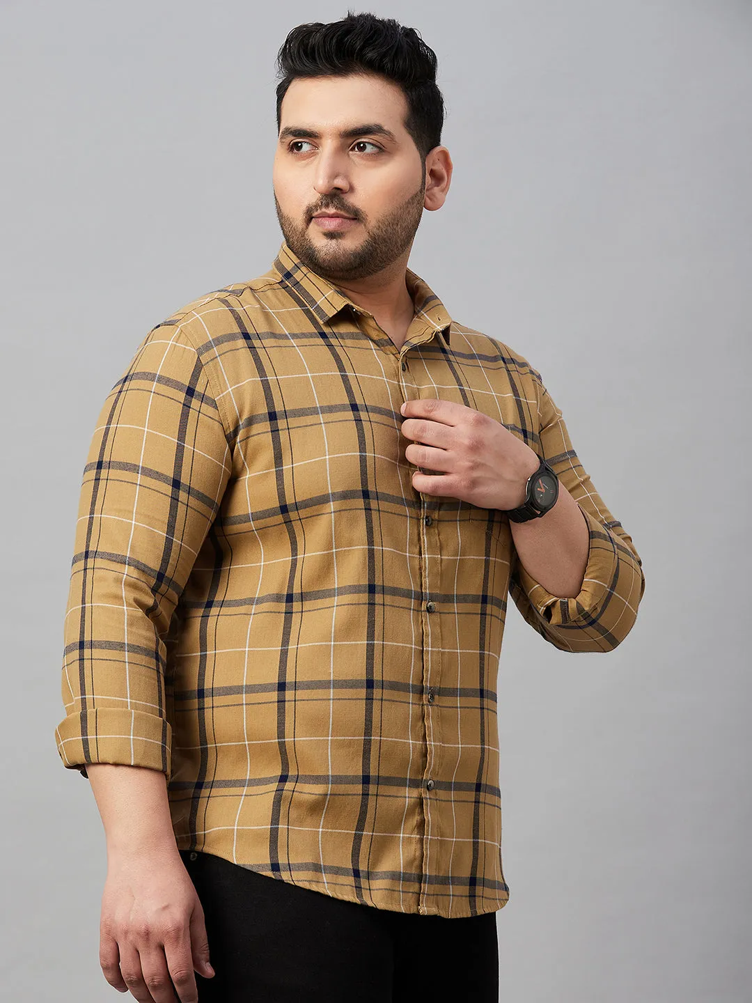 Men Checked Khaki Cotton Shirt