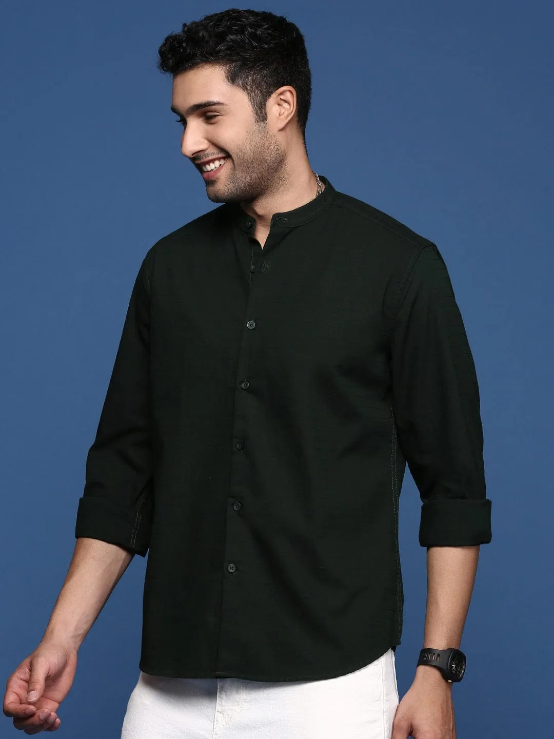 Men Mandarin Collar Green Solid Slim Fit Shirt