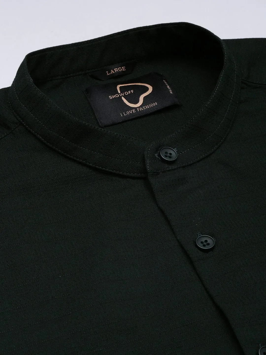 Men Mandarin Collar Green Solid Slim Fit Shirt