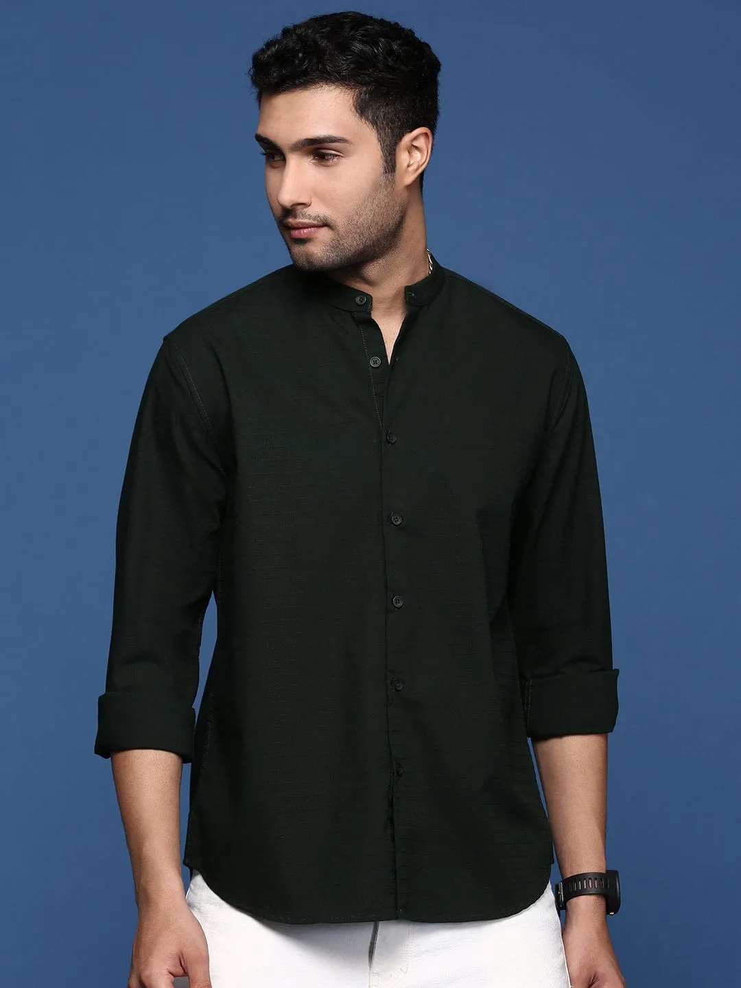 Men Mandarin Collar Green Solid Slim Fit Shirt