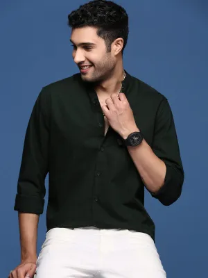 Men Mandarin Collar Green Solid Slim Fit Shirt
