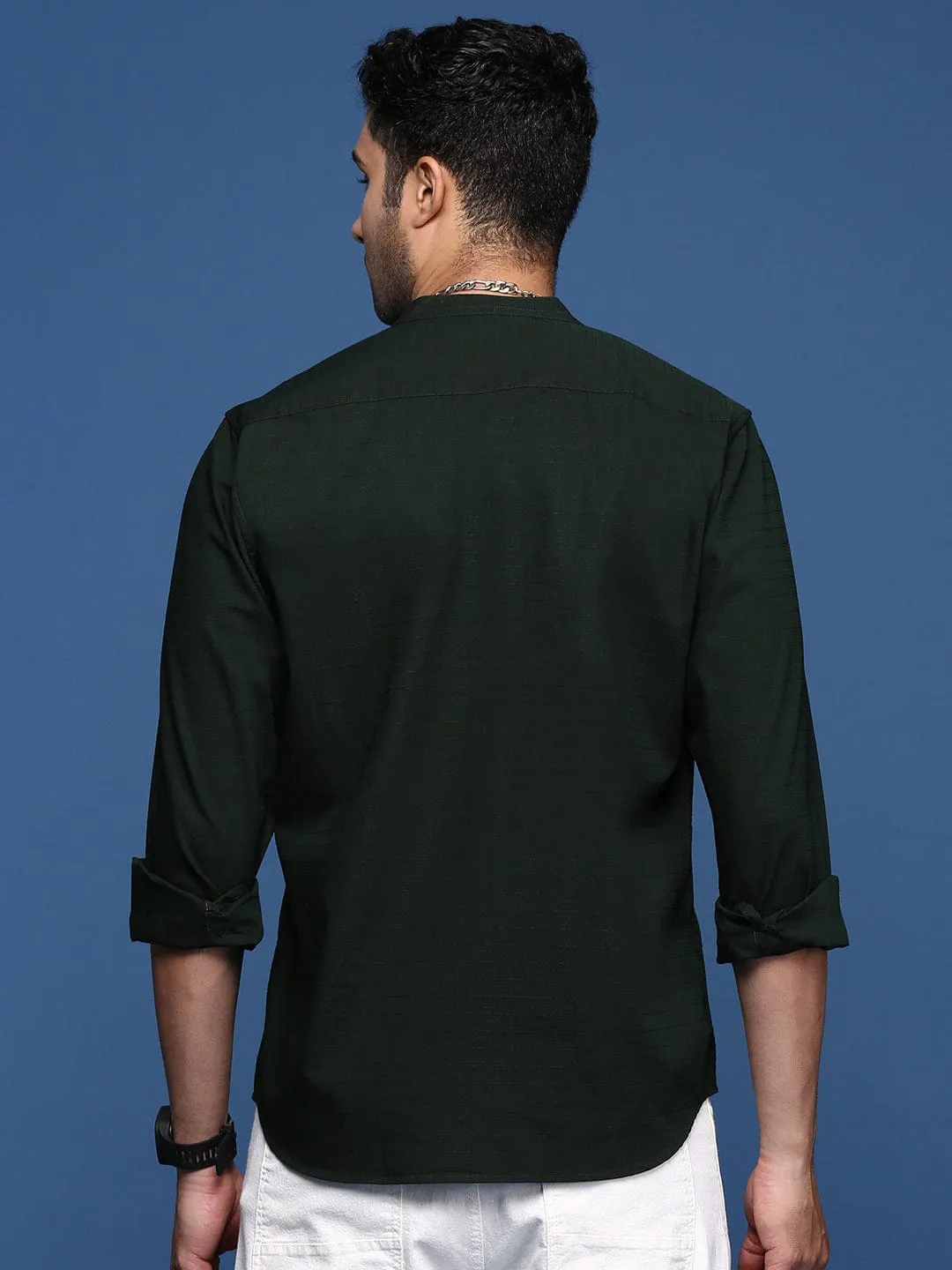 Men Mandarin Collar Green Solid Slim Fit Shirt