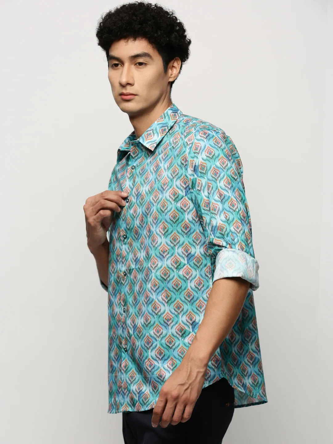 Men Turquoise Blue Smart Floral Printed Slim Fit Cotton Casual Shirt