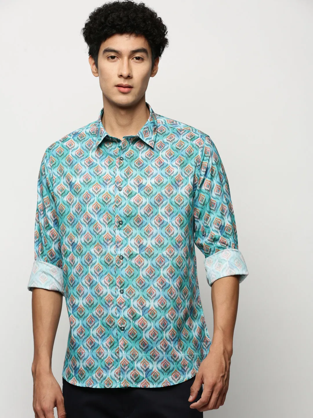 Men Turquoise Blue Smart Floral Printed Slim Fit Cotton Casual Shirt