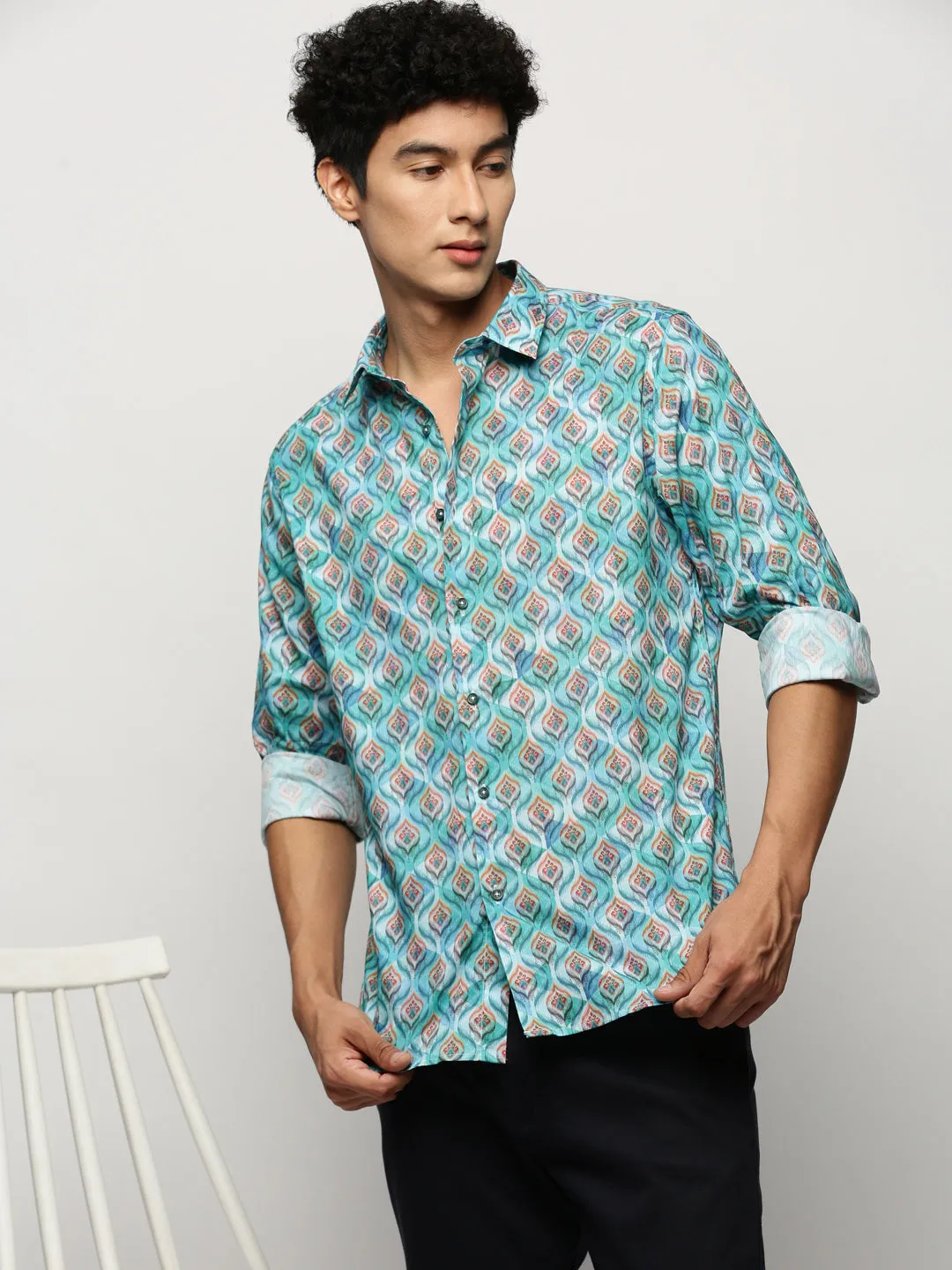 Men Turquoise Blue Smart Floral Printed Slim Fit Cotton Casual Shirt