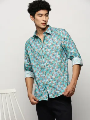 Men Turquoise Blue Smart Floral Printed Slim Fit Cotton Casual Shirt