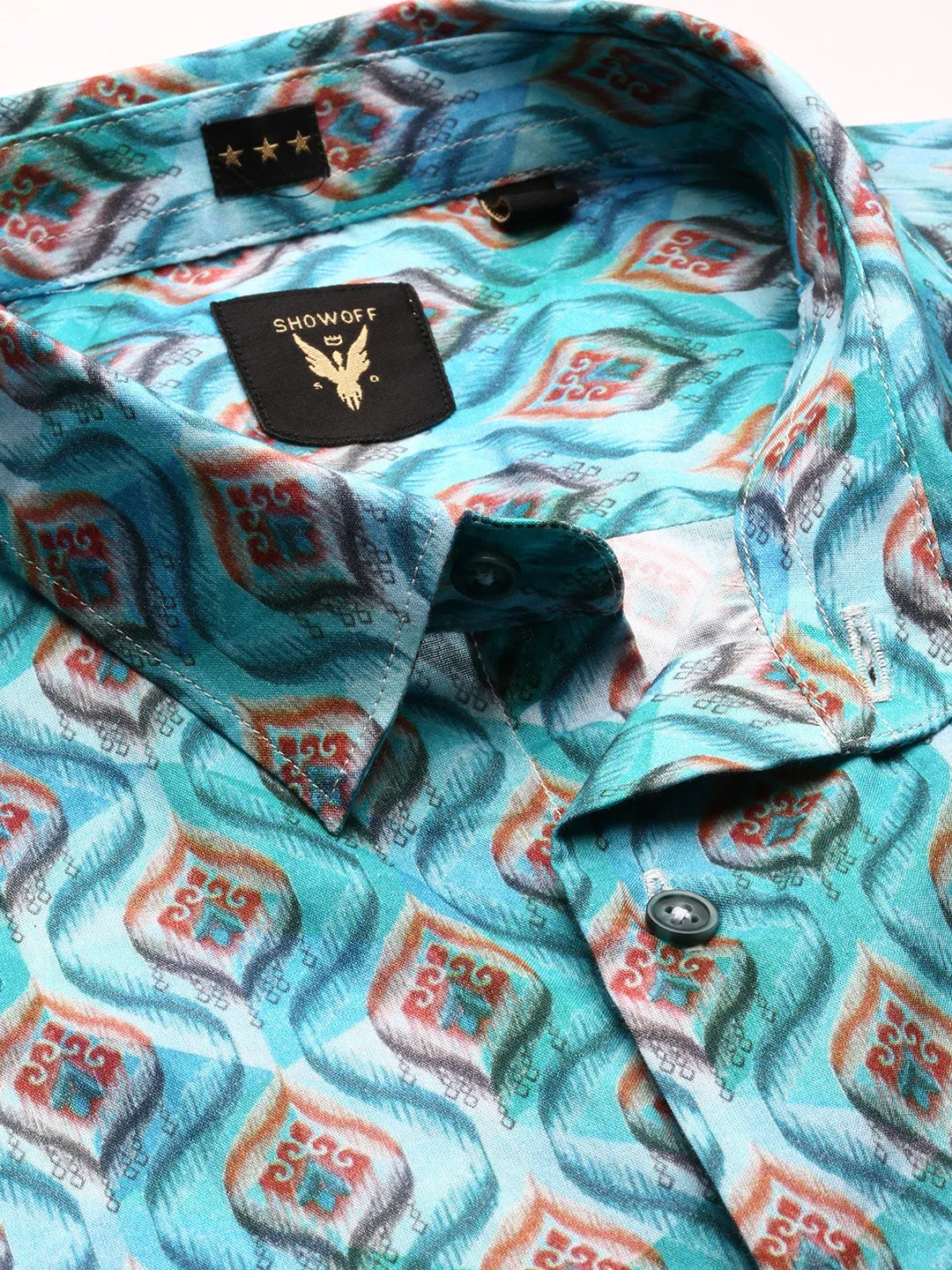 Men Turquoise Blue Smart Floral Printed Slim Fit Cotton Casual Shirt