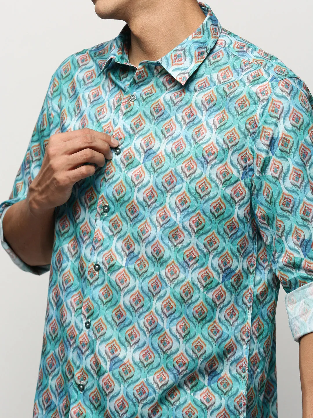 Men Turquoise Blue Smart Floral Printed Slim Fit Cotton Casual Shirt