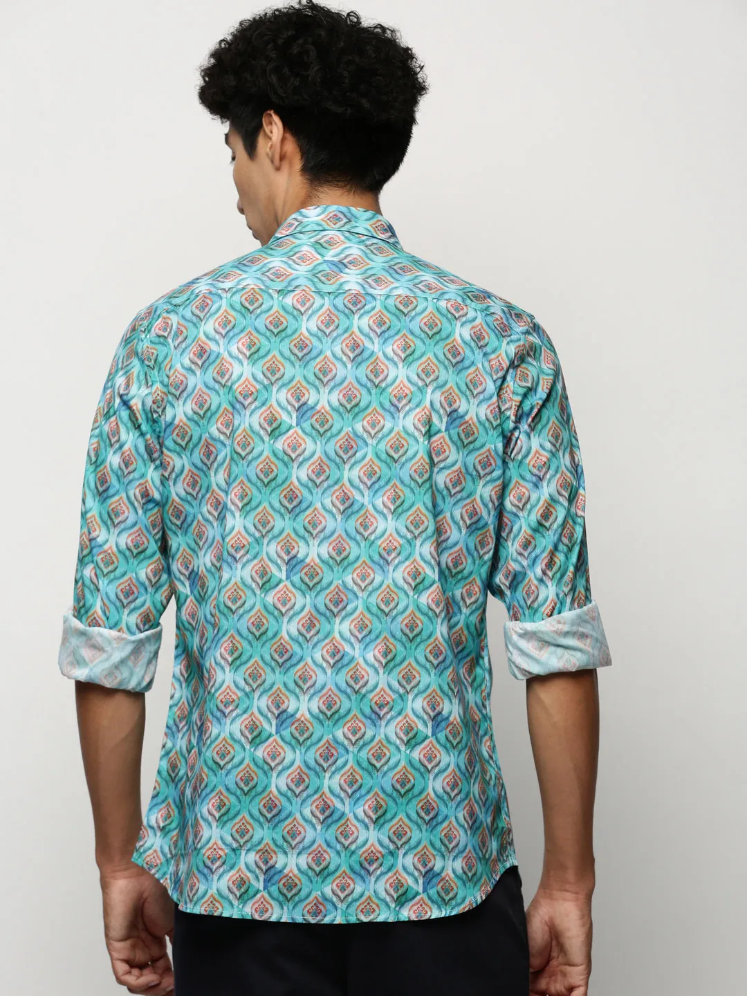 Men Turquoise Blue Smart Floral Printed Slim Fit Cotton Casual Shirt