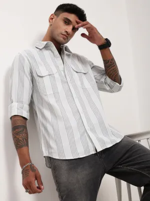 Men White Comfort Slim Fit Spread Collar Vertical Striped Cotton Casual Shirt