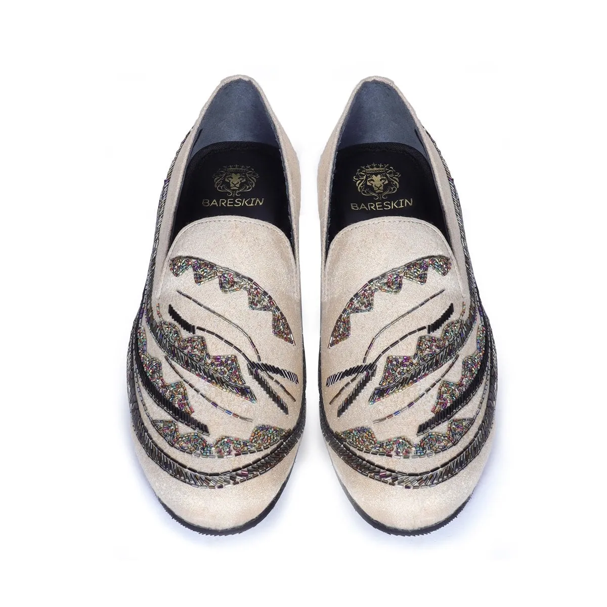 Men's Beige Zardosi Slip-On Shoes with Multi Color Abstract Embellishments