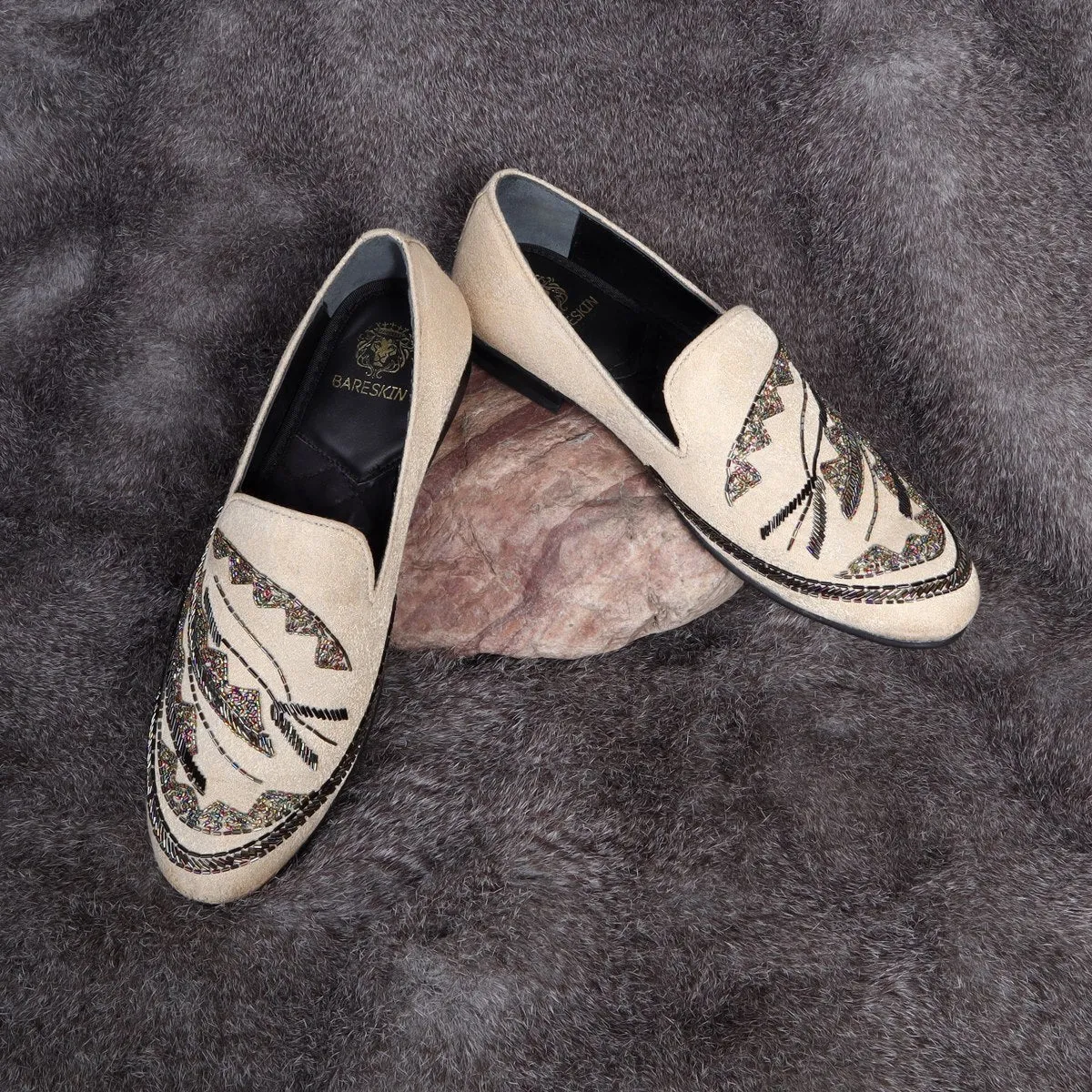 Men's Beige Zardosi Slip-On Shoes with Multi Color Abstract Embellishments