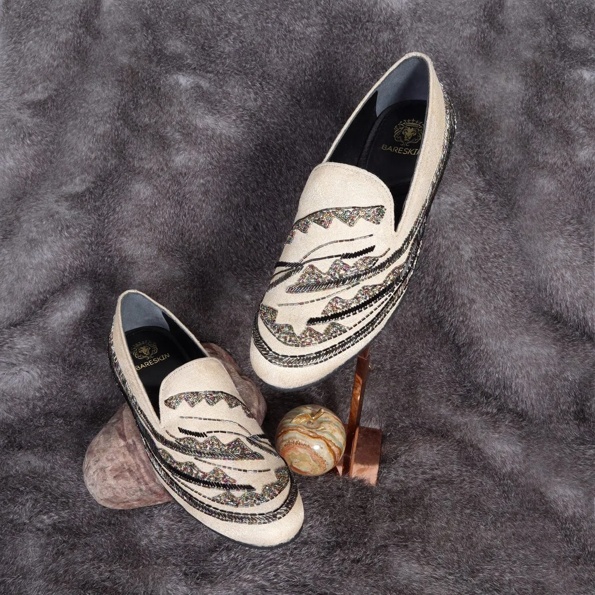 Men's Beige Zardosi Slip-On Shoes with Multi Color Abstract Embellishments