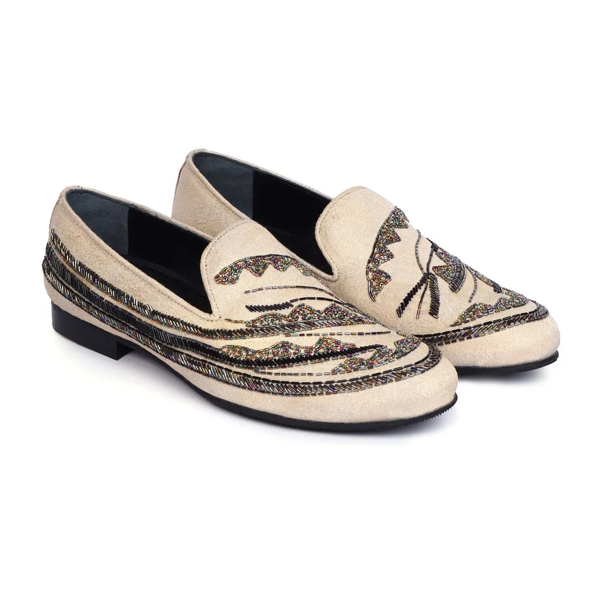 Men's Beige Zardosi Slip-On Shoes with Multi Color Abstract Embellishments