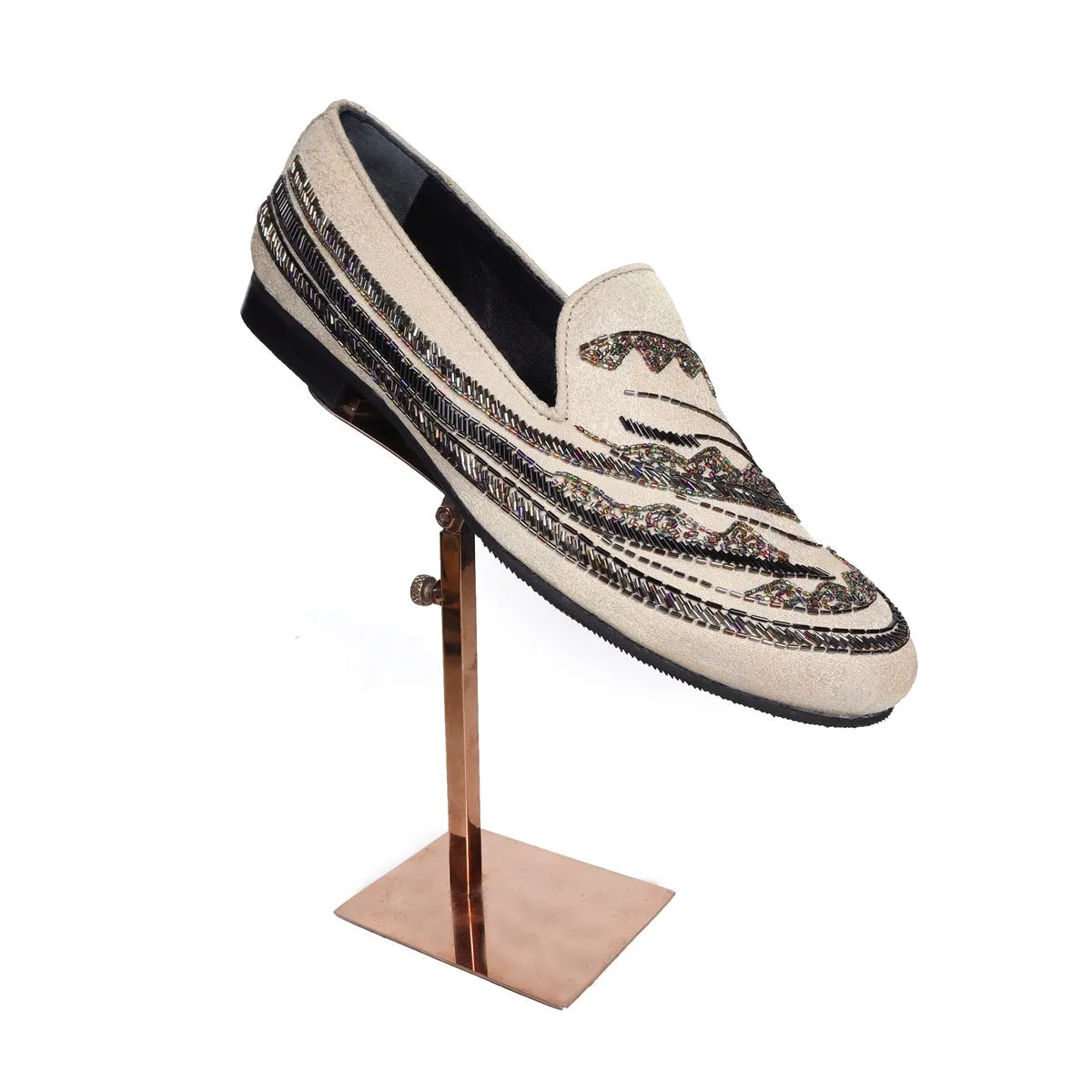 Men's Beige Zardosi Slip-On Shoes with Multi Color Abstract Embellishments
