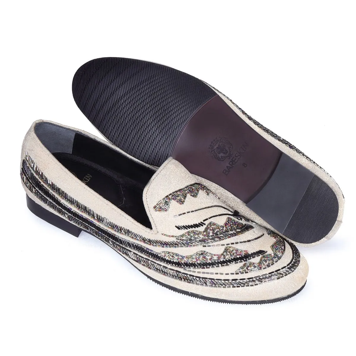 Men's Beige Zardosi Slip-On Shoes with Multi Color Abstract Embellishments