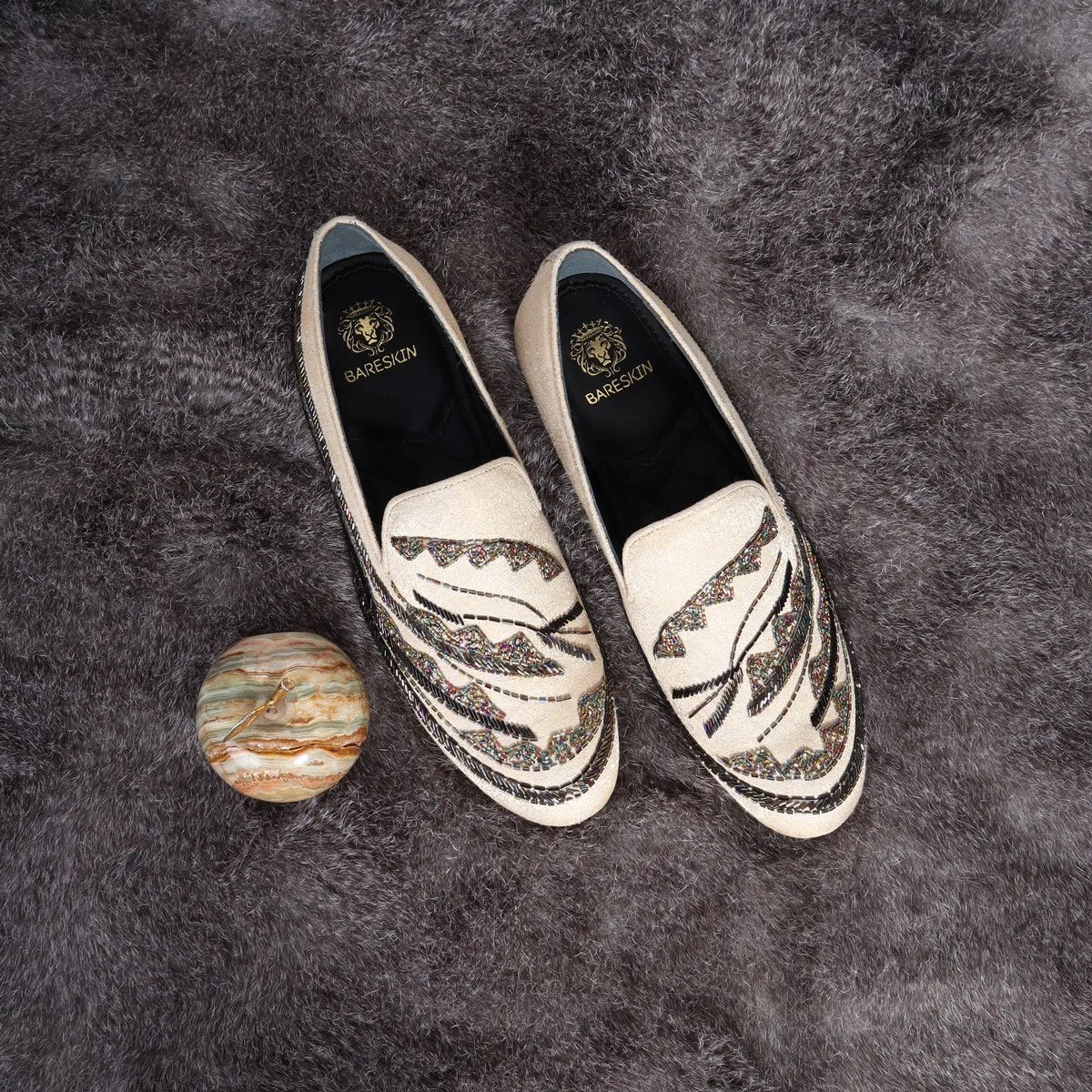 Men's Beige Zardosi Slip-On Shoes with Multi Color Abstract Embellishments