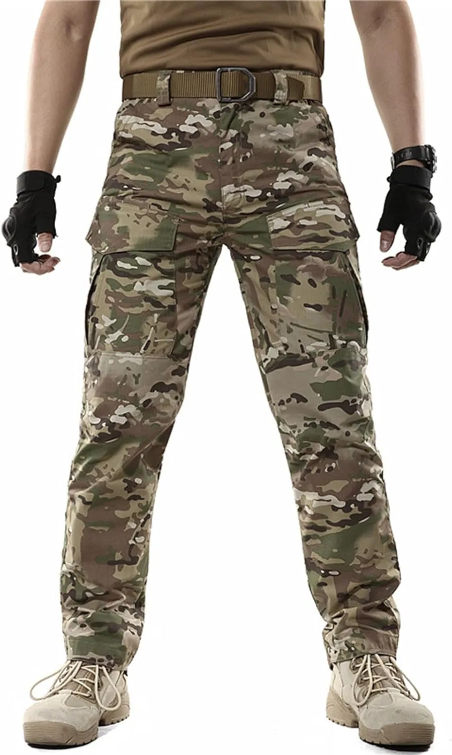 Men's Camouflage Slim-Fitting Pants Elastic Waist Tactical Training Multi-Pocket Work Pants